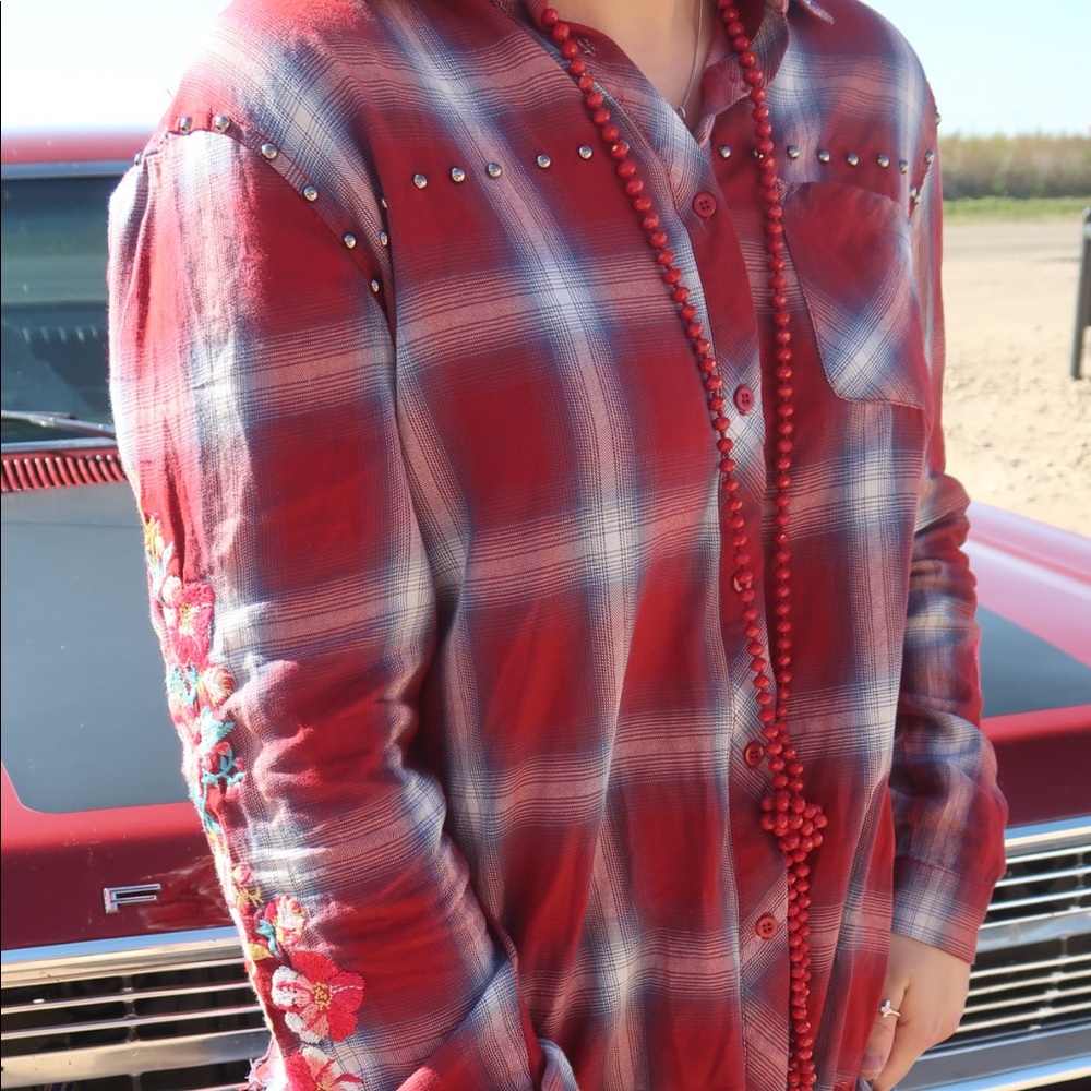 Distressed Studded Red Flannel
